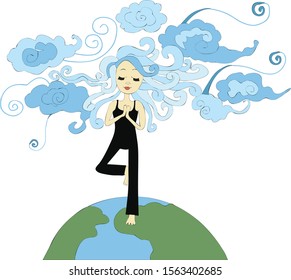the girl is meditating in clouds