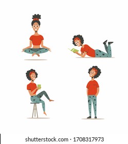 The girl is meditating, doing yoga in the lotus position, sitting on a chair holding a mug, lying and reading a book, standing and looking up. Set of different poses of a young woman, isolated vector.