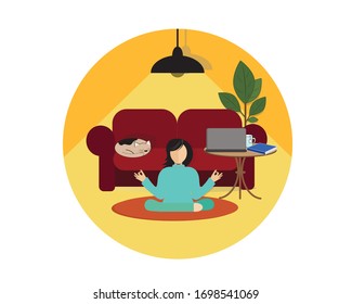 The girl is meditating (doing yoga) on the background of a chair with a cat. Remote work. Vector.