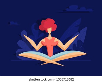 Girl meditating in the garden. Health concept. Vector illustration in flat style