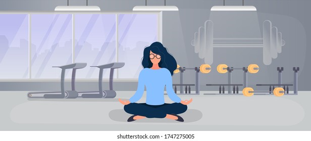 The girl is meditating in the gym. Girl do yoga in the gym. The concept of sport and active lifestyle. Vector.