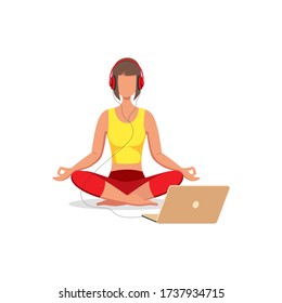 Girl meditating in headphones with a laptop. Concept of online yoga, spending free time. Vector stock illustration isolated on white background.