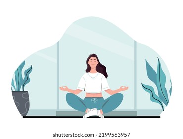 Niña meditando en casa. La mujer se sienta en posición de loto junto a las macetas de flores. Concentración y atención, yoga y estiramientos. Estilo de vida activo y deporte, fitness. Dibujo vectorial plano de dibujos animados