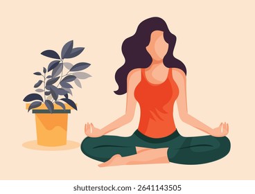 Girl meditating at home. Woman sits in lotus position next to plant pots. Concentration and attention, yoga and stretching. Active lifestyle and sports, fitness. Cartoon flat vector illustration