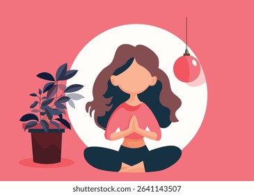 Girl meditating at home. Woman sits in lotus position next to plant pots. Concentration and attention, yoga and stretching. Active lifestyle and sports, fitness. Cartoon flat vector illustration