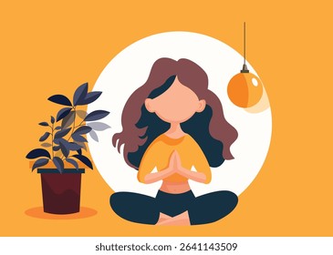 Girl meditating at home. Woman sits in lotus position next to plant pots. Concentration and attention, yoga and stretching. Active lifestyle and sports, fitness. Cartoon flat vector illustration