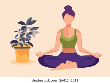 Girl meditating at home. Woman sits in lotus position next to plant pots. Concentration and attention, yoga and stretching. Active lifestyle and sports, fitness. Cartoon flat vector illustration