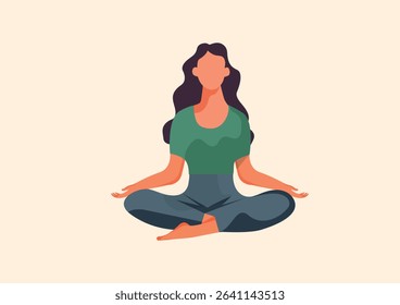 Girl meditating at home. Woman sits in lotus position next to plant pots. Concentration and attention, yoga and stretching. Active lifestyle and sports, fitness. Cartoon flat vector illustration