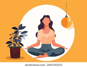 Girl meditating at home. Woman sits in lotus position next to plant pots. Concentration and attention, yoga and stretching. Active lifestyle and sports, fitness. Cartoon flat vector illustration