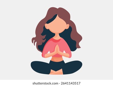 Girl meditating at home. Woman sits in lotus position next to plant pots. Concentration and attention, yoga and stretching. Active lifestyle and sports, fitness. Cartoon flat vector illustration