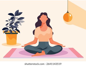 Girl meditating at home. Woman sits in lotus position next to plant pots. Concentration and attention, yoga and stretching. Active lifestyle and sports, fitness. Cartoon flat vector illustration