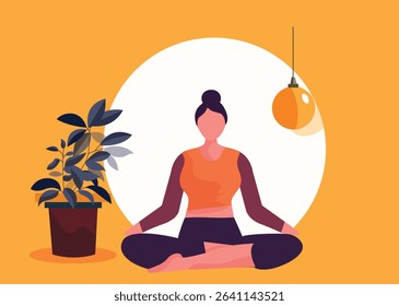 Girl meditating at home. Woman sits in lotus position next to plant pots. Concentration and attention, yoga and stretching. Active lifestyle and sports, fitness. Cartoon flat vector illustration