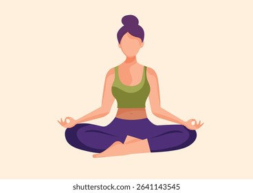 Girl meditating at home. Woman sits in lotus position next to plant pots. Concentration and attention, yoga and stretching. Active lifestyle and sports, fitness. Cartoon flat vector illustration