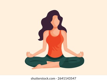Girl meditating at home. Woman sits in lotus position next to plant pots. Concentration and attention, yoga and stretching. Active lifestyle and sports, fitness. Cartoon flat vector illustration