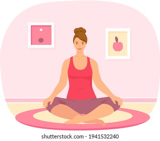 Girl meditating to improve her health. Woman doing yoga at home. Exercises for stress relief