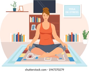 Girl meditating to improve her health. Woman doing yoga at home. Exercises for stress relief