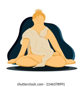 Girl meditating and levitating. Yogi girl in lotus pose. Vector isolated illustration for yoga, meditation, self-care, postcards, banners, advertising. Flat illustration with female silhouette.
