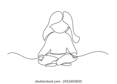 Girl meditating in lotus pose. Continuous line drawing. Yoga, mindfulness, relax concept doodle illustration.