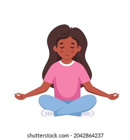 Niña meditando en la pose del loto. Gimnasia, meditación para niños. Ilustración del vector