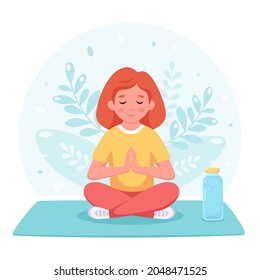 Niña meditando en la pose del loto. Gimnasia, yoga y meditación para niños. Ilustración del vector