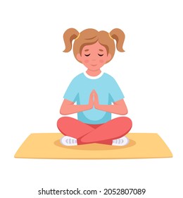 Girl meditating in lotus pose. Gymnastic, yoga and meditation for children. Vector illustration