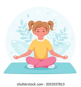 Girl meditating in lotus pose. Gymnastic, yoga and meditation for children. Vector illustration