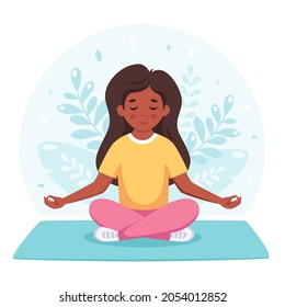 Girl meditating in lotus pose. Gymnastic, yoga and meditation for children. Vector illustration