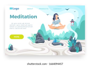 Girl meditating in lotus pose and hovering above japanese rock garden. Yoga, life balance, relaxation, mindfulness. Vector web site design template. Landing page website concept illustration