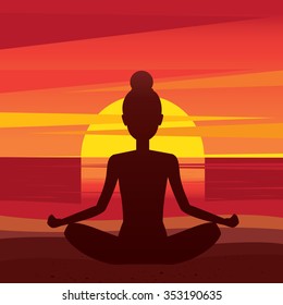 Girl meditating in lotus pose at sunset - peace of mind concept. Vector illustration