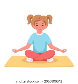 Girl meditating in lotus pose. Yoga and meditation for kids. Vector illustration