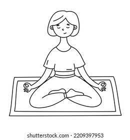 Girl Meditating In Lotus Position On Yoga Mat, Meditation Doodle Icon, Vector Illustration Of A Woman Practicing Mindfulness, Isolated Outline Clipart On White Background