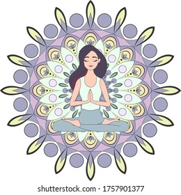 girl is meditating. namaste mandala. 
girl in lotus position on the background of the mandala