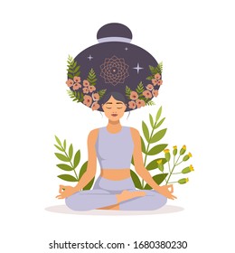 The girl is meditating in nature. The concept of yoga, meditation, relax, recreation, healthy lifestyle. Harmony, Lotus position, Sahasrara chakra. Stock vector illustration in a flat style.