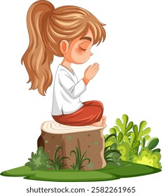 Girl meditating on a tree stump outdoors