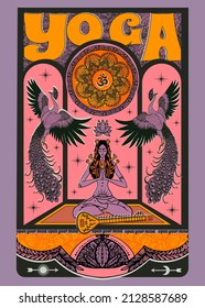 girl meditating, retro yoga hippie style poster