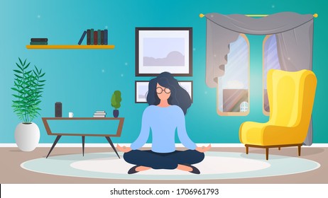 La chica está meditando en la habitación. Chica haciendo yoga. Ilustración vectorial.