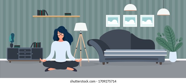 The girl is meditating in the room. The girl practices yoga. Room, sofa, paintings, bookcase. Vector illustration