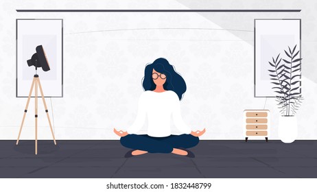 The girl is meditating in the room. Woman practices yoga in the office. Sport and healthy lifestyle concept. Vector.