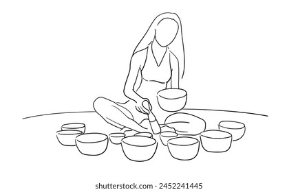 Girl meditating with singing bowls isolated on white background. Relax line art drawing. Vector illustration     