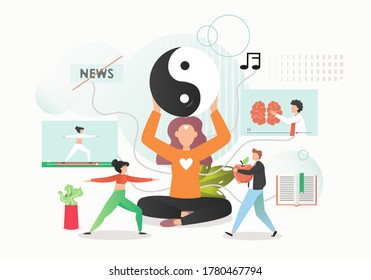 Girl meditating sitting in lotus position, vector flat style design illustration. Mindfulness, mental health and balance, stress release, meditation and yoga classes, healthy diet.