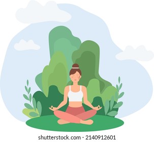 Girl meditating sitting on gras in lotus position vector illustration. Female practicing yoga in park outdoor. Healthy lifestyle concept, balance and harmony.