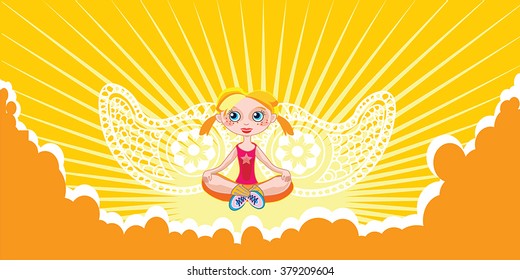 Girl meditating in the sky  vector - sunset clouds, retro sunburst background. Little girl practice yoga in the sun beams. Cute blond young woman with paisley wings - self development illustration.