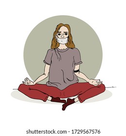 Girl meditating wearing a mask vector handdrawn illustration.