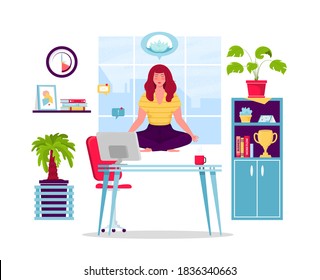 Girl meditating at workplace. Businesswoman doing yoga to calm down stressful emotion from hard work in office over desk with office process icons. Concept of meditation. Vector illustration.