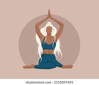 Girl meditating in yoga pose vector illustration. Beauty and mental health.