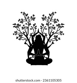 Girl Meditation with nature vector silhouette for print design 