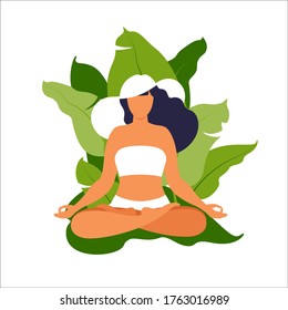 Girl meditation on the beach. Concept for vacation, holiday and travel. Summer time. Vector illustration in flat.