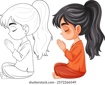 A girl in meditation pose, eyes closed, praying