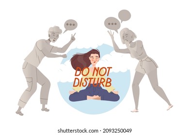 Girl in meditation pose sitting inside transparent glass bubble and people reaching for her. Avoiding of conflict, social isolation, personal space cartoon vector illustration