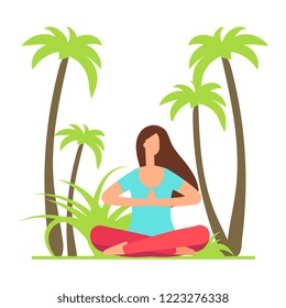 Girl meditation yoga on nature. Palm tree and character fitness woman